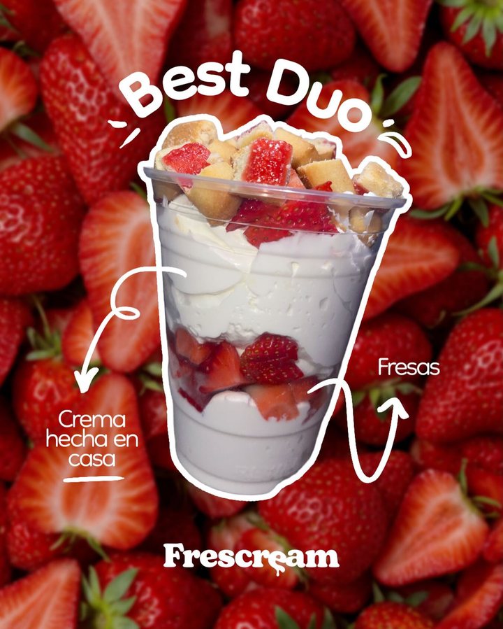 FresCream Instagram post (Apr 15, 2026): “Best Duo” strawberries and homemade cream