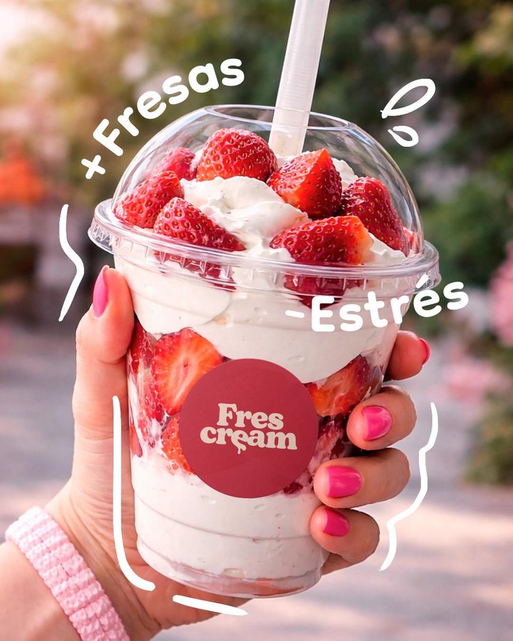 FresCream Instagram post (Apr 20, 2026): strawberries and cream cup